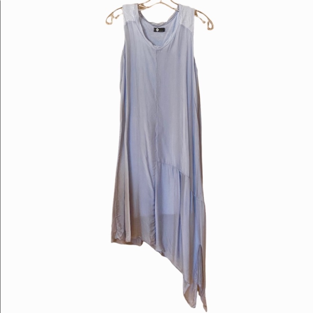 Silk & Viscose blue grey dress w sequin shoulders, machine washable